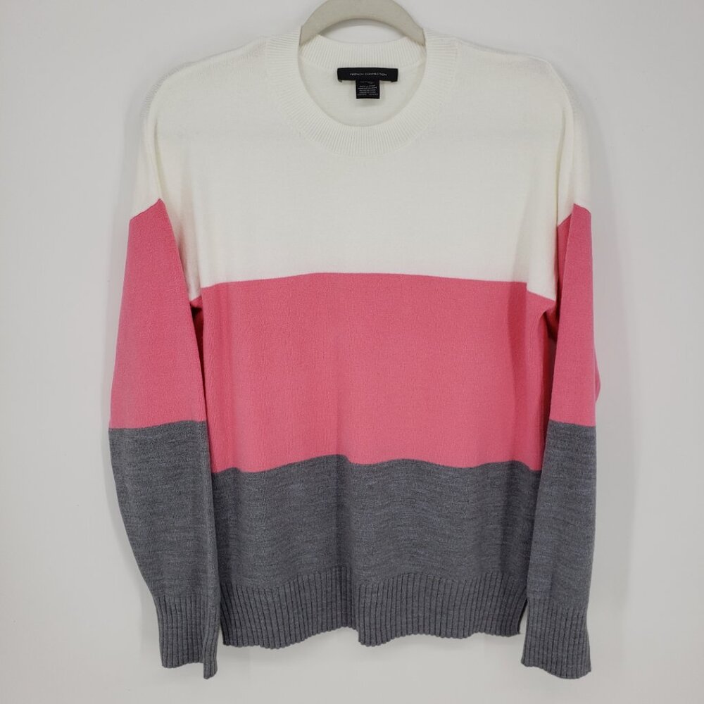 French‎ Connection Color Block Striped Sweater Womens Relaxed Fit Crew Pink Gray